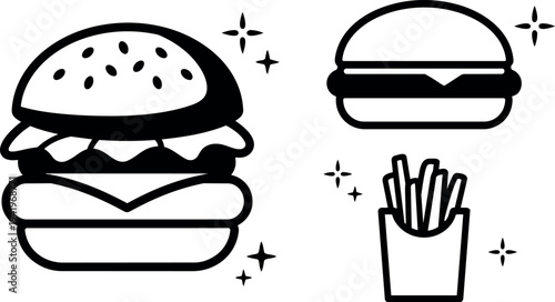 Black and white flat design icons of cheeseburger with sesame bun hamburger and french fries fast food vector illustration collection
