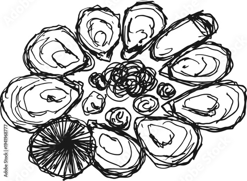 oysters arranged in a circular pattern with lemon wedge and seaweed garnish drawing