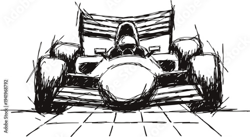 Vintage open wheel race car sketch with bold lines from front view perspective