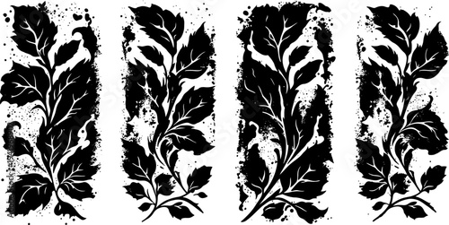 Vintage floral ornamental silhouettes in black ink splatter with leafy vine details