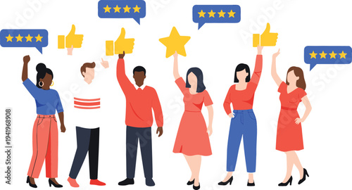 Customer satisfaction concept people giving five star rating and positive feedback vector illustration
