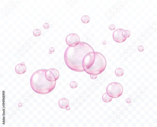Soap bubbles underwater texture isolated on transparent background. Vector fizzy air, gas or oxygen under water. 3d pink champagne drink, soda effect template