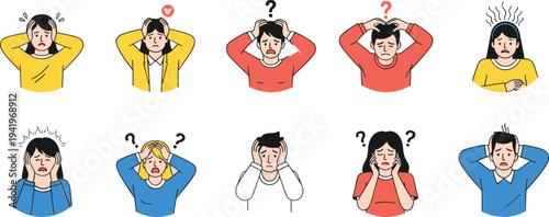 Collection of people suffering from headache, stress, confusion and mental pressure, frustrated characters expressing anxiety, pain and problem emotions in flat vector illustration set