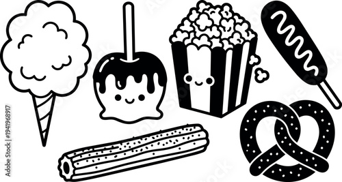 Cute cartoon style cotton candy caramel apple popcorn bag corn dog churro and pretzel icons set