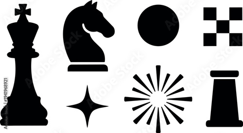 Simple black chess pieces and symbols vector set including king knight rook circle and star shapes isolated on white background