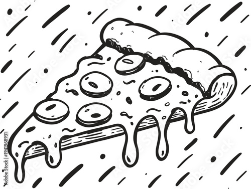 Melting slice of pizza with dripping cheese and pepperoni topping, hand drawn illustration