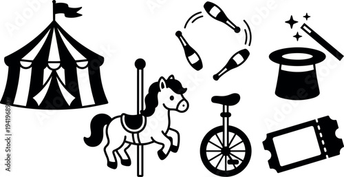 Black silhouette vector set of circus elements including striped tent horse unicycle juggling clubs magic hat with wand and ticket