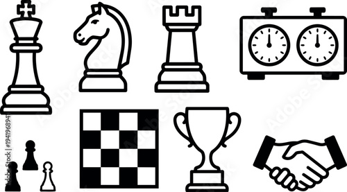 Black and white flat design chess pieces king knight rook with timer board trophy and handshake vector icons set