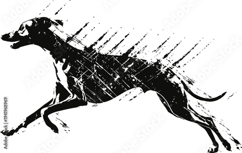 Silhouette of a running dog with dynamic grunge strokes and textured distressed design