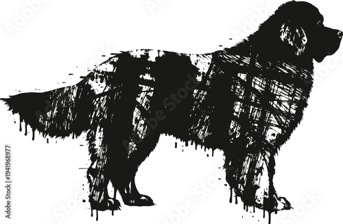Silhouette of a standing dog with paint splatter effect and artistic dripping elements