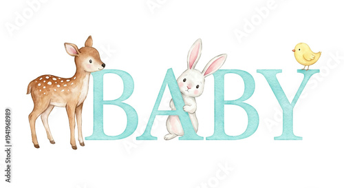 A charming illustration featuring watercolor deer, rabbit, and bird figures surrounding the blue “BABY” text. Suitable for baby greeting cards.