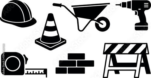 Flat design set of construction tools including hard hat tape measure drill wheelbarrow traffic cone and barriers icons