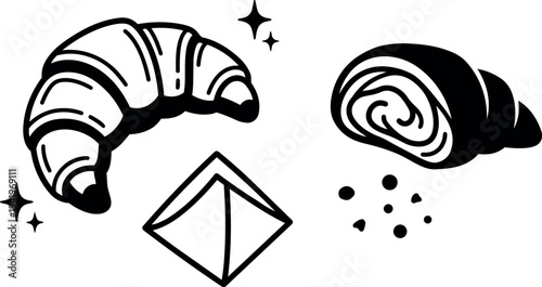 Black and white vector art of crescent croissant roll and folded pastry with seasoning crumbs simple line art style
