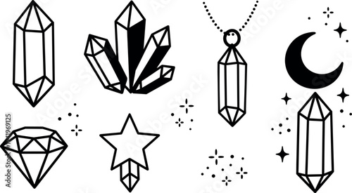 Black and white mystical crystal and gem icons with crescent moon stars and cosmic sparkles vector art set