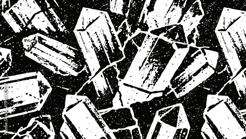 Black and white crystal cluster with sharp edges and textured surface, abstract mineral pattern background