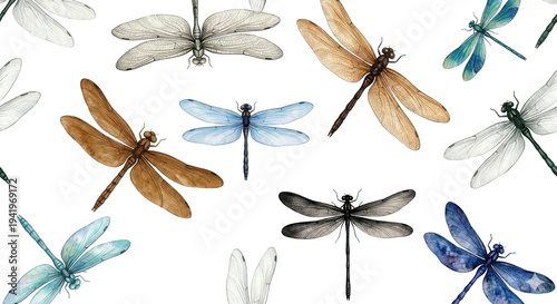 A seamless pattern design featuring dragonflies of various colors and sizes, painted in watercolor style on a white background.