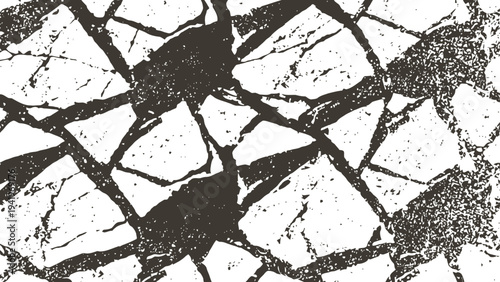 Abstract black and white cracked paint texture with irregular fragmented pattern background