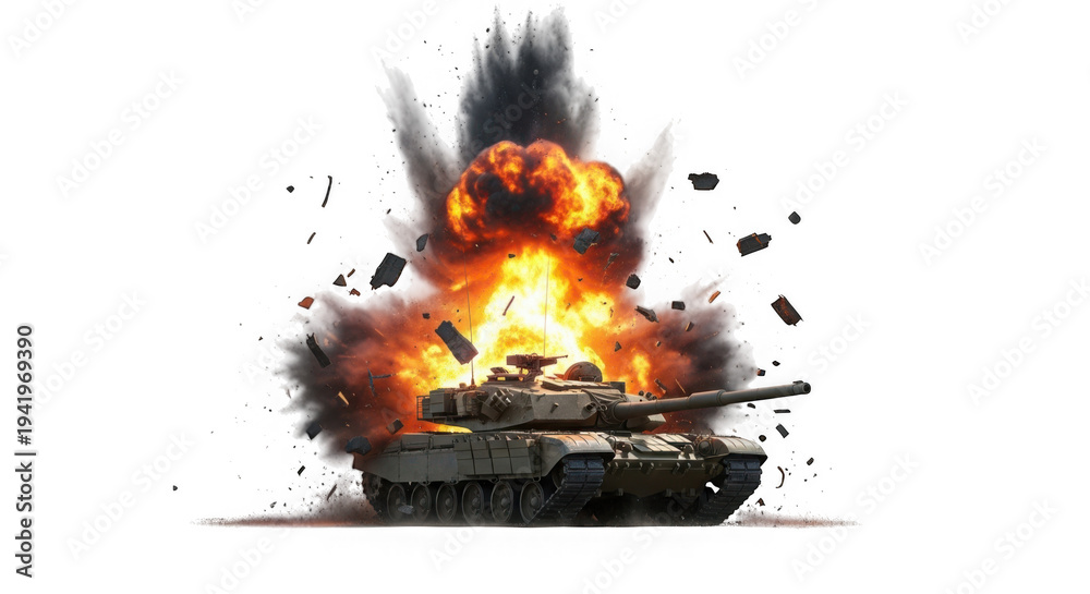 Obraz premium Exploding tank with flames and smoke isolated on transparent background