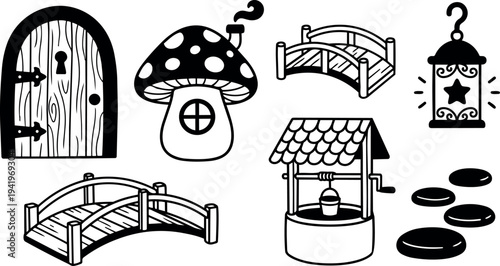 Black and white vector art of fantasy mushroom house wooden door lantern stone path and curved garden bridges in hand drawn style