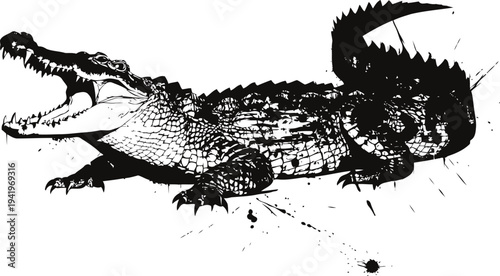 Black ink splatter crocodile illustration with open jaws and detailed scales tribal design