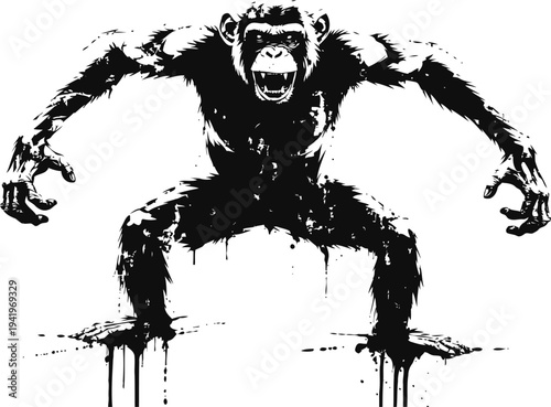 Black paint graffiti of angry chimpanzee in aggressive stance with dripping ink effects
