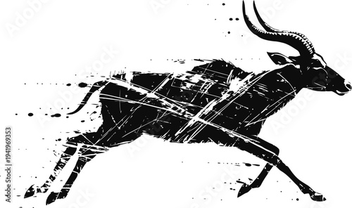 running antelope silhouette with grunge texture wildlife illustration in dynamic motion, nature concept