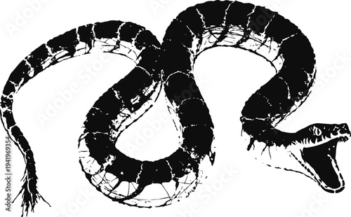 Black serpent snake with raised head and open mouth curled in aggressive posture