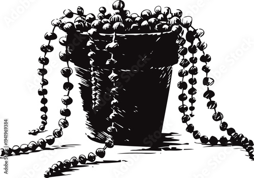 Black and white illustration of a flowerpot with cascading strings of round beads draped over the edges