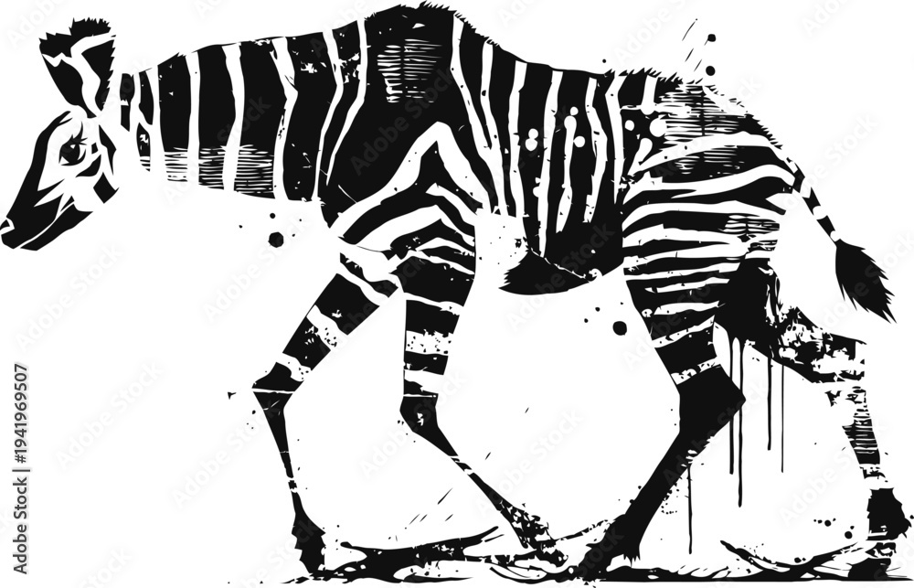 Naklejka premium Black and white stylized painting of a zebra walking, ink splatter artistic design