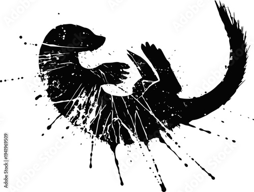abstract black otter silhouette with ink splatter effect design on white background
