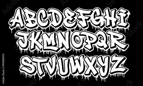 Graffiti Alphabet Font - White Street Art Letters with Dripping Paint Effect on Black Background