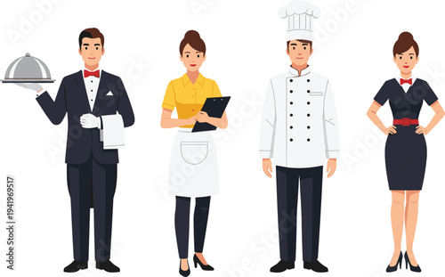 Vector Set of Restaurant Staff Characters Including Waiter in Tuxedo, Waitress with Clipboard, Professional Chef, and Hostess in Uniform
