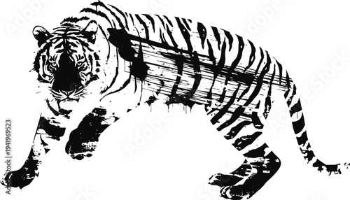 Black and white tiger illustration in walking pose with bold stripes and detailed shading