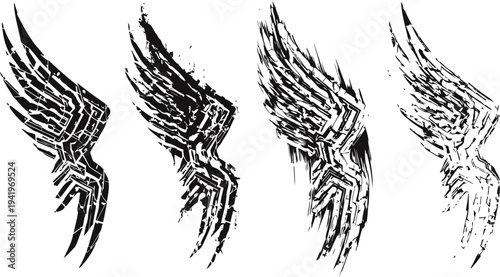 Grunge black wings in different styles and transparency levels, tattoo design elements