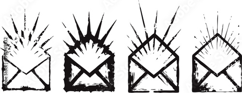 Grunge envelope icons with dynamic spiked burst effects in black ink