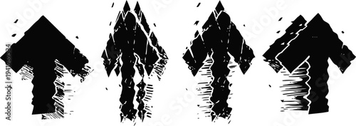 set of four grunge black arrows pointing upward with distressed and rough textures