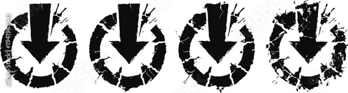 Grunge download icon set with arrows and circular progress indicators, black design on white background