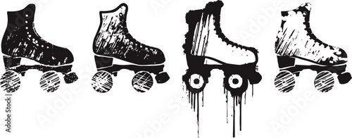 black and white roller skate silhouettes set vintage grunge skate illustrations with wheels and laces