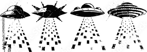 Four flying saucers abducting digital data streams in black and white sci fi illustration