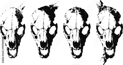 four black and white animal skull prints with grunge texture in horizontal row