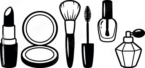 Black and white flat design vector set of makeup essentials lipstick powder brush mascara nail polish and perfume bottle