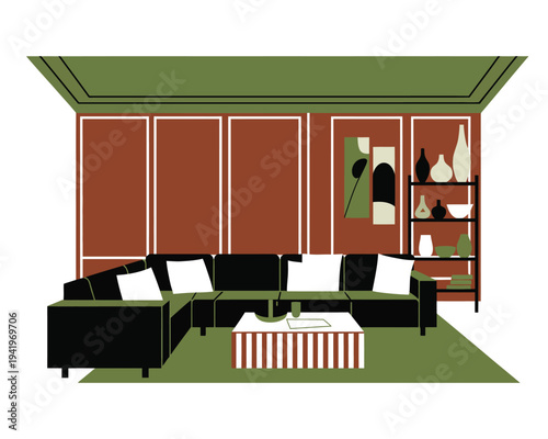 Modern living room interior features a black sectional sofa and contemporary.