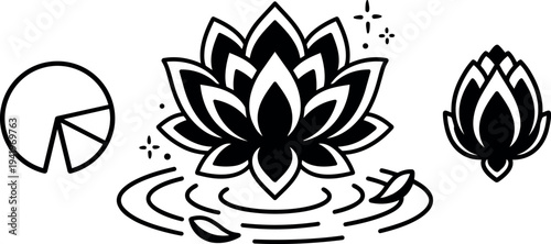 Minimalist black and white lotus flower icon set with ripples and separate petal design for spiritual or wellness branding