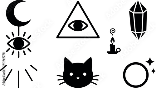 Minimalist black mystical symbols vector set featuring eye with crescent moon triangle eye candle cat crystal and magic circle icons
