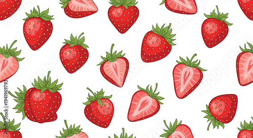 Seamless strawberry pattern with fresh red berries and sliced strawberries, colorful fruit background for food design, summer wallpaper and textile prin