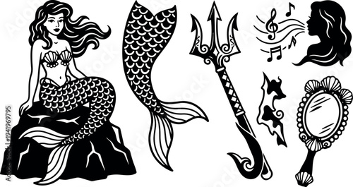 Black and white vector art mermaid sitting on rock with tail trident singing and mirror collection of ocean fantasy elements