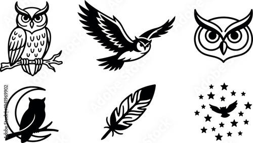 Black and white owl icons set including perched owl branch flying owl closeup owl and moon silhouette with feather and stars vector art