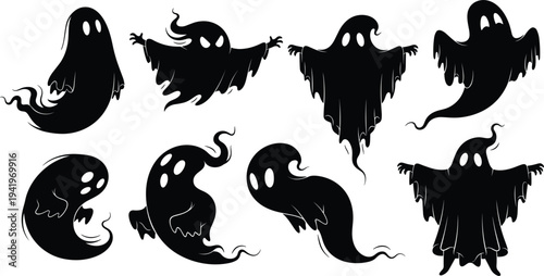 Vector Set of Spooky Ghost Silhouettes in Various Flying Poses Isolated on White Background for Halloween Decoration and Horror Concept