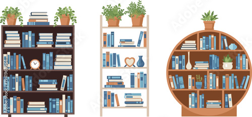 Vector Set of Modern Bookshelves and Bookcases with Potted Plants, Clocks, and Decorative Vases for Home Library and Interior Design Concept