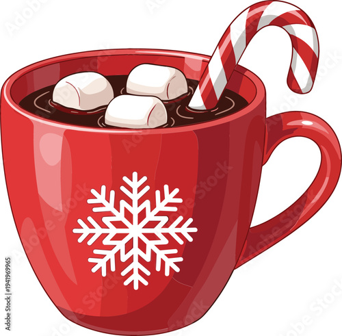 Hot chocolate mug with marshmallows and candy cane, cozy winter drink in red cup with snowflake design for Christmas holiday illustration